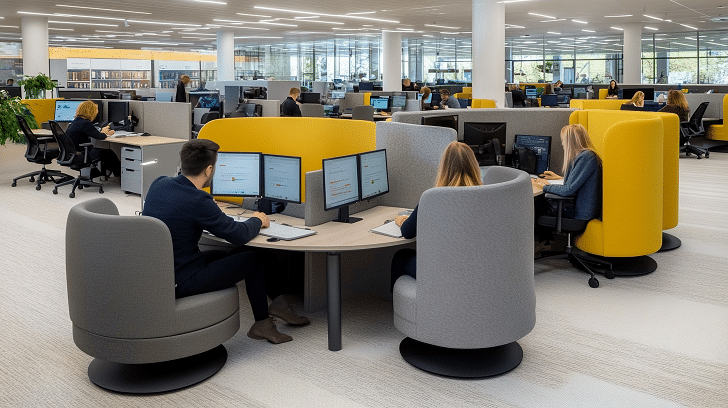 Menschen sitzen in einem Großraumbüro der ESMA